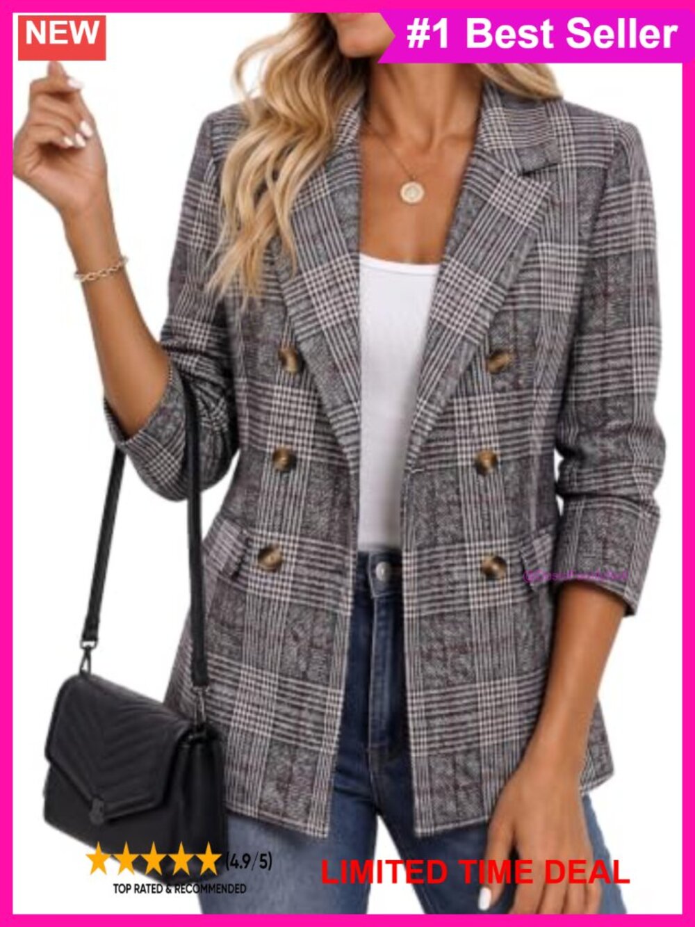 Wool Plaid Double Breasted Blazer Tailored Work Office Jacket